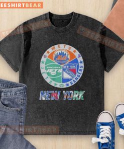 Alt Text: Official New York Rangers, Mets, Jets mashup logo on a washed t-shirt, perfect for NYC sports fans.