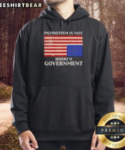 US Flag hoodie featuring 'Official Patriotism Is Not Obedience To Government' slogan, perfect for patriotic fashion.