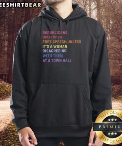 Official Republicans hoodie featuring 'Free Speech' slogan, highlighting women's voices at town hall meetings.