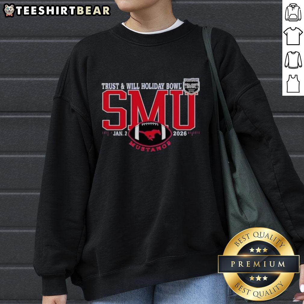 2026 Official SMU Mustangs Trust And Will Holiday Bowl Sweatshirt in navy blue, perfect for game day comfort.