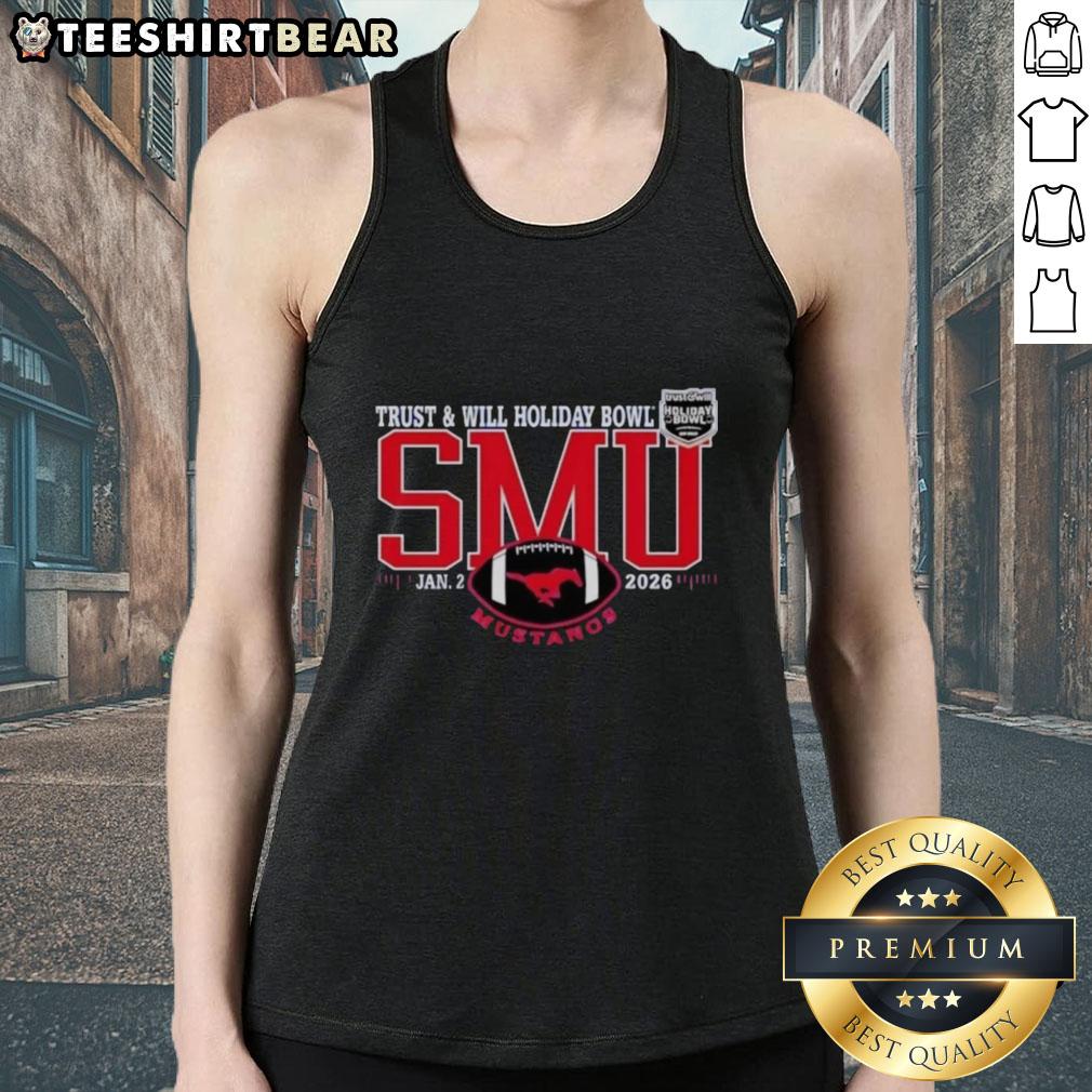Official SMU Mustangs 2026 Trust and Will Holiday Bowl tank top for fans, featuring team colors and logo design.