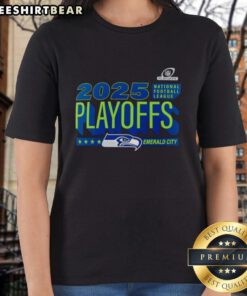 Official Seattle Seahawks 2025 NFL Playoffs Emerald City Ladies Tee showcasing team spirit and style for female fans.