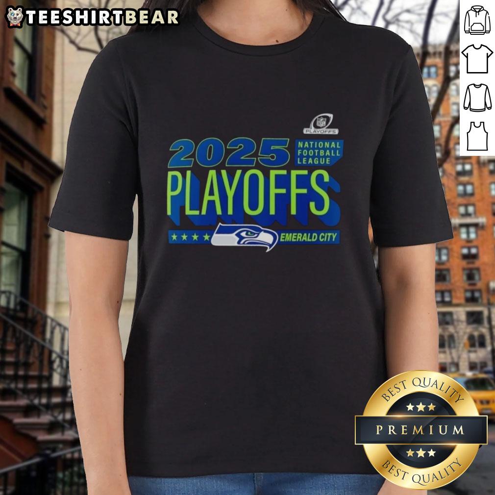Official Seattle Seahawks 2025 NFL Playoffs Emerald City Ladies Tee showcasing team spirit and style for female fans.