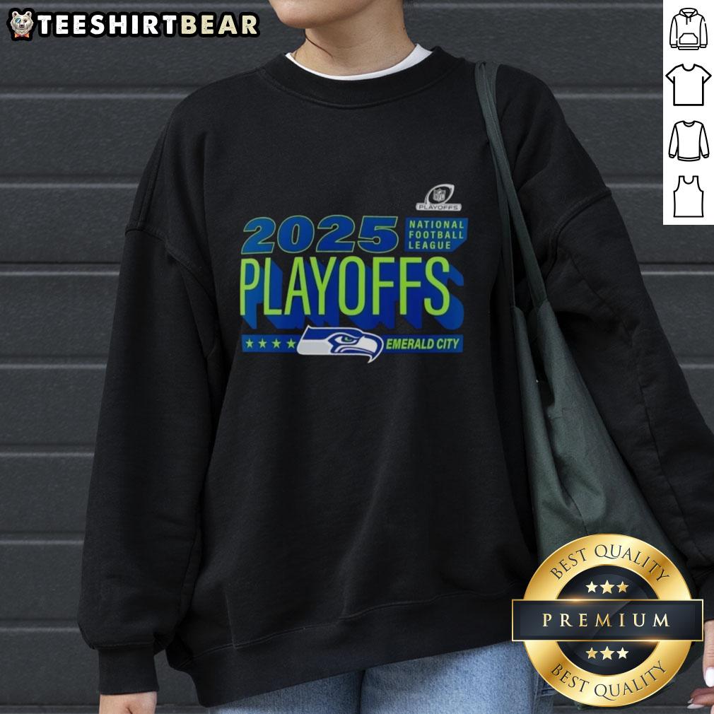 Alt Text: Official Seattle Seahawks 2025 NFL Playoffs Emerald City sweatshirt featuring team logo and vibrant colors.