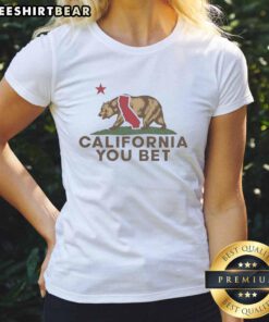 Official You Bet California Bear tee in California Republic flag style for ladies, perfect for California pride.