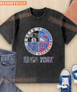 Original New York Giants Yankees Nets Rangers mashup logo on a washed t-shirt, perfect for NY sports fans.