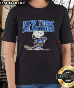 Alt Text: 2026 Ladies Tee featuring Snoopy and Peanuts, celebrating the Original New York Islanders Hockey team.