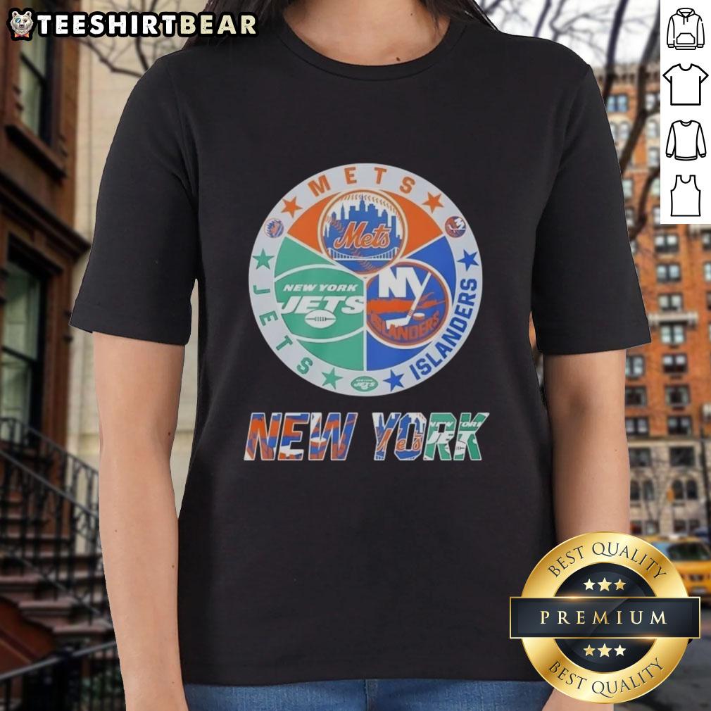 Original New York Islanders, Mets, and Jets mashup logo on a ladies tee, showcasing NYC sports team spirit.