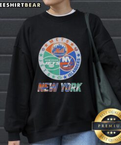 Original New York Islanders, Mets, and Jets mashup logo sweatshirt featuring vibrant team colors and unique design.
