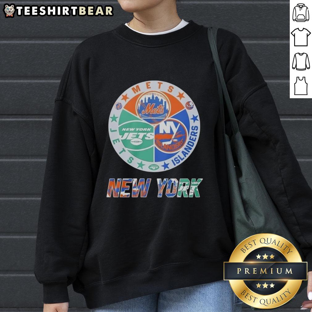 Original New York Islanders, Mets, and Jets mashup logo sweatshirt featuring vibrant team colors and unique design.