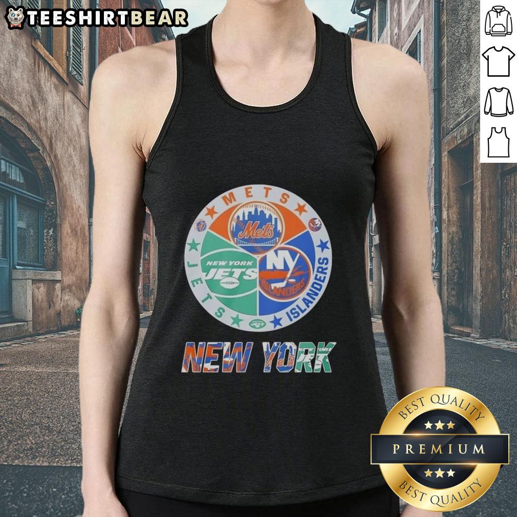 Original New York Islanders, Mets, and Jets mashup logo tank top design featuring iconic team colors and symbols.