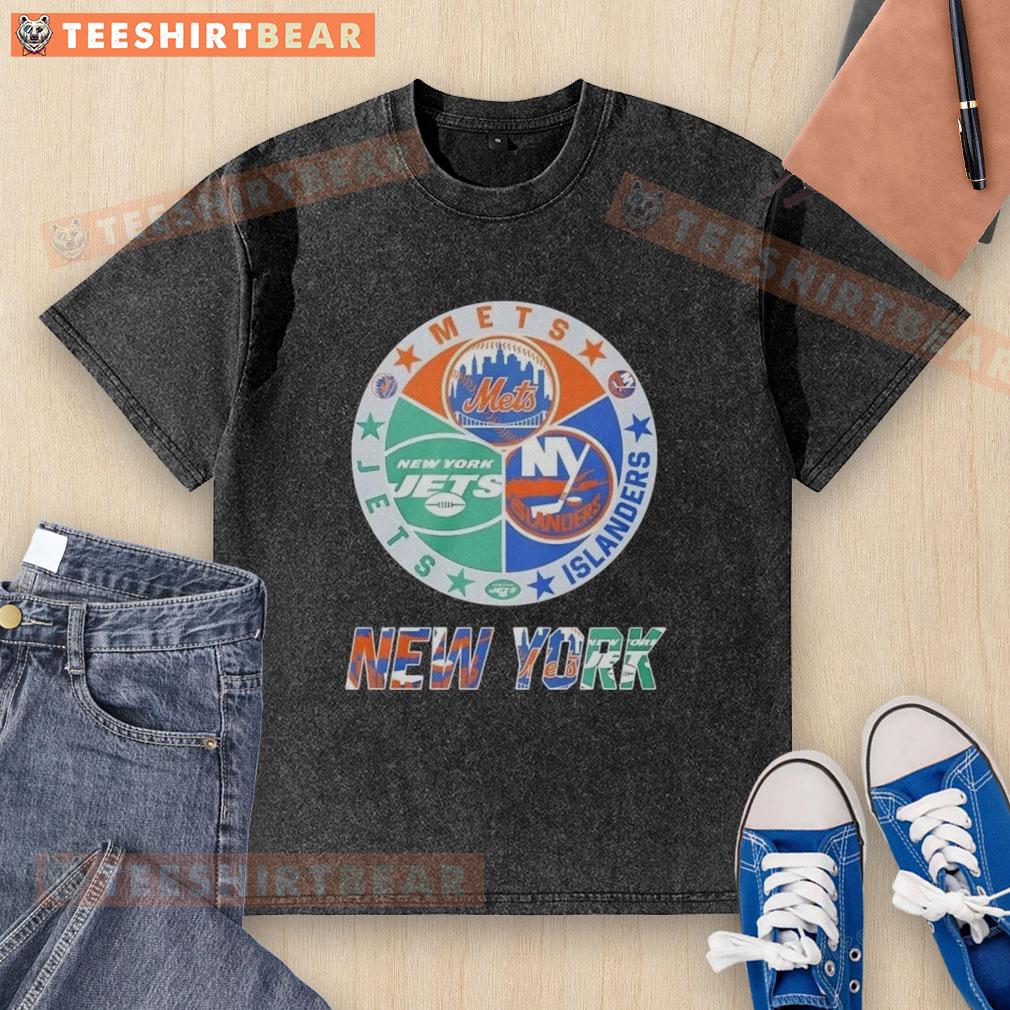 Original New York Islanders, Mets, and Jets mashup logo on a washed t-shirt, perfect for sports fans and collectors.