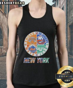 Alt Text: Original New York Islanders, Mets, Jets, and Knicks mashup logo tank top design showcasing NYC sports teams.