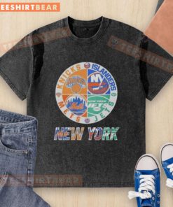 Alt Text: Original New York Islanders, Mets, Jets, Knicks mashup logo on a washed t-shirt, perfect for sports fans.