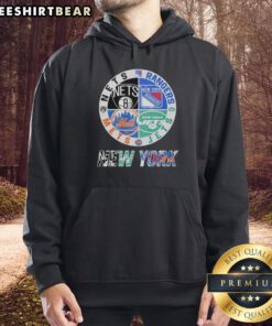 Hoodie featuring a mashup logo of New York Jets, Nets, Mets, and Rangers for sports fans.