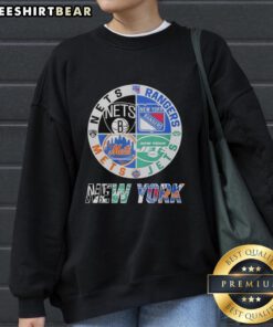 Original New York Jets, Nets, Mets, and Rangers mashup logo sweatshirt featuring iconic team logos.