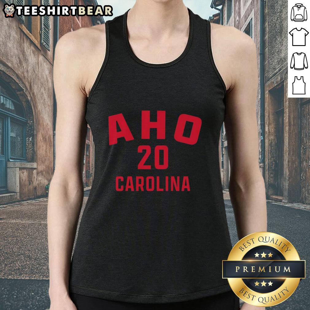 Alt Text: Original Sebastian Aho Carolina Hurricanes hockey tank top, showcasing team colors and player graphics.