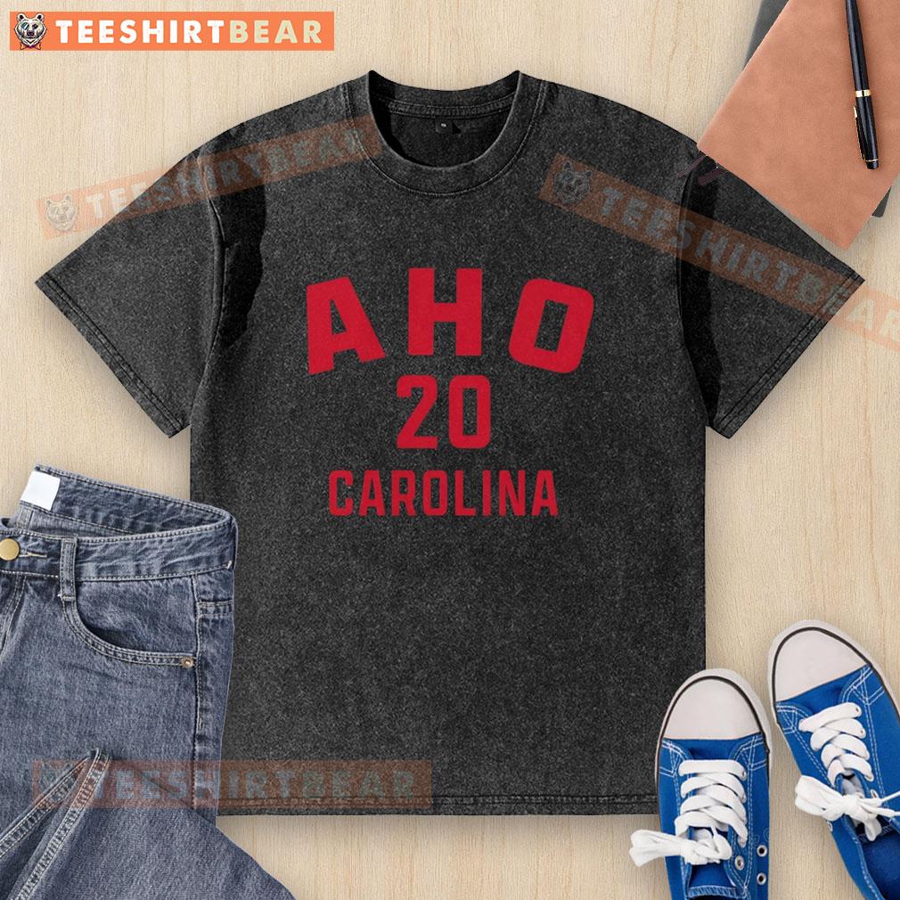 Original Sebastian Aho Carolina Hurricanes hockey washed t-shirt featuring team colors and logo.