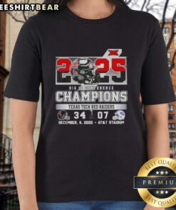 Alt Text: Premium 2025 Big 12 Conference Champions Texas Tech Red Raiders football helmets at AT&T Stadium on ladies tee.