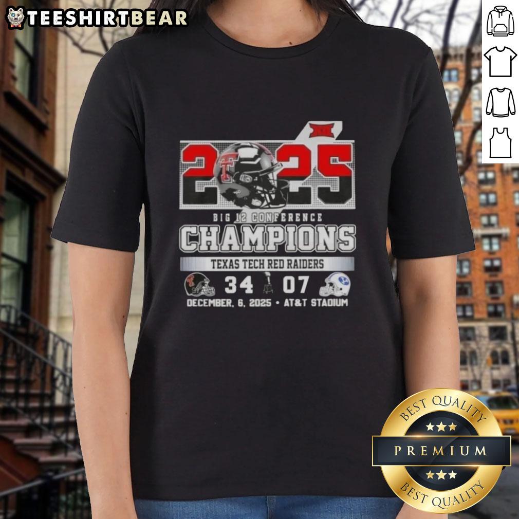 Alt Text: Premium 2025 Big 12 Conference Champions Texas Tech Red Raiders football helmets at AT&T Stadium on ladies tee.