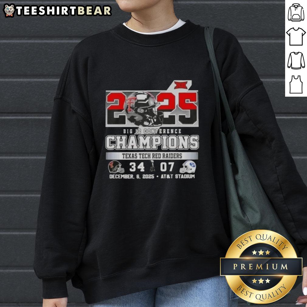 Premium 2025 Big 12 Conference Champions Texas Tech Red Raiders sweatshirt featuring football helmets at AT&T Stadium.