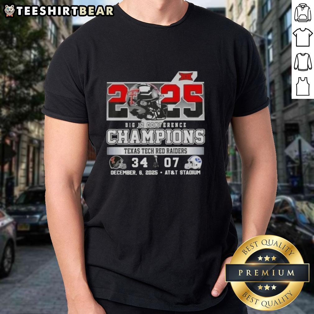 Premium 2025 Big 12 Conference Champions Texas Tech Red Raiders football helmets T-shirt displayed at AT&T Stadium.