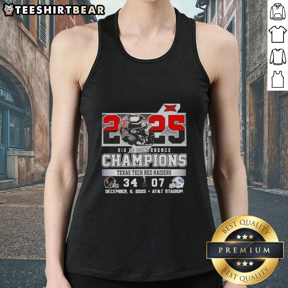 Premium 2025 Big 12 Conference Champions Texas Tech Red Raiders tank top featuring football helmets at AT&T Stadium.