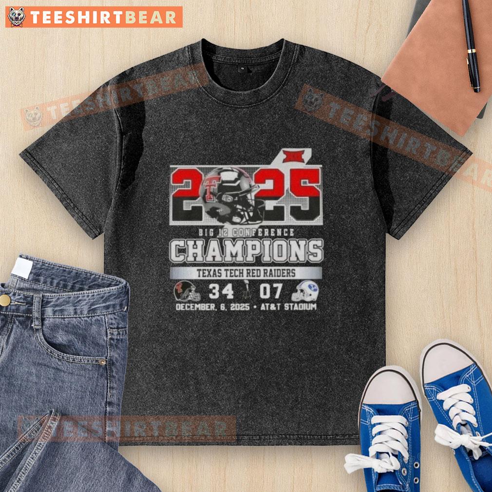 Alt Text: Premium 2025 Big 12 Conference Champions Texas Tech Red Raiders football helmets and washed T-shirt at AT&T Stadium.