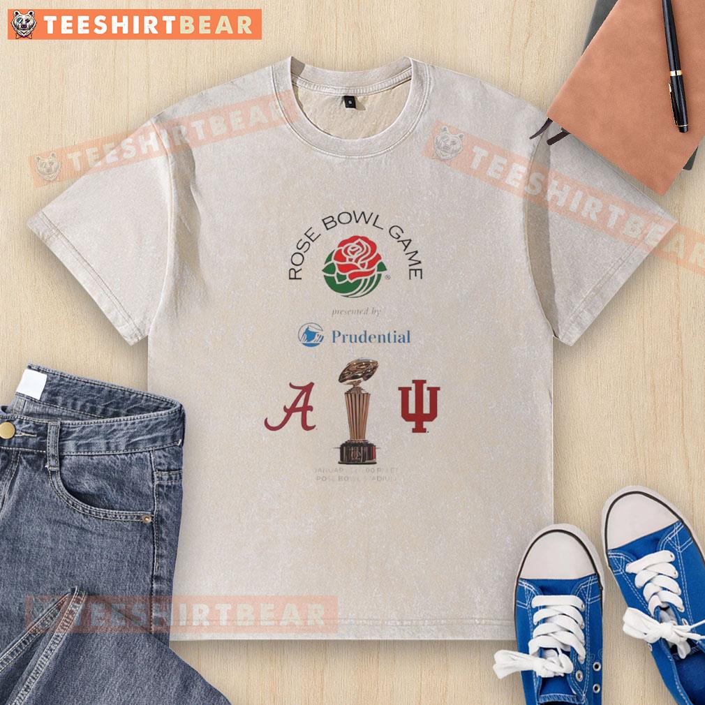Alt Text: Premium Alabama Crimson Tide vs Indiana Hoosiers 2026 Rose Bowl Game logo on a washed t-shirt design.