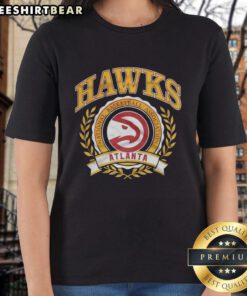 Premium Atlanta Hawks NBA logo in laurel wreath frame on a retro ladies tee, perfect for basketball fans.