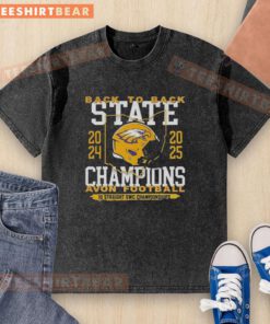 Alt Text: Premium Avon High School football washed t-shirt celebrating back-to-back state championships and 10 straight SWC titles.