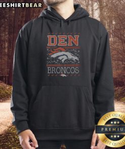 Premium Denver Broncos holiday hoodie featuring team colors and logo, perfect for festive football fans.