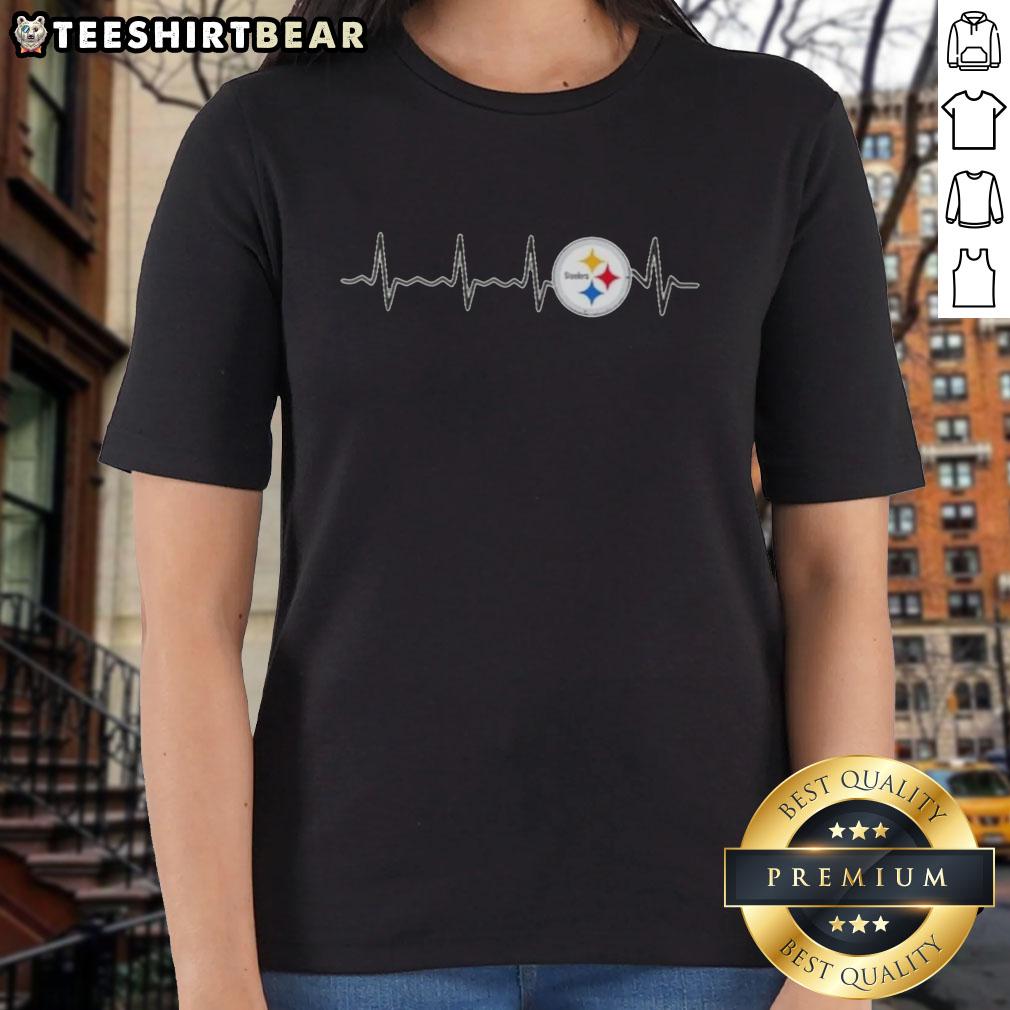 Premium Heartbeat Pittsburgh Steelers football logo graphic on a stylish ladies tee, perfect for fans.