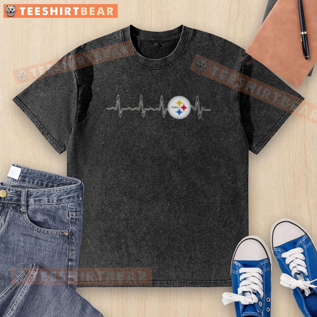 Premium Heartbeat Pittsburgh Steelers football logo graphic on a washed t-shirt, perfect for fans and casual wear.