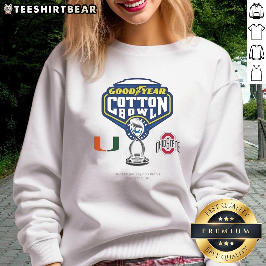 Alt Text: Premium Miami Hurricanes vs Ohio State Buckeyes 2025 Goodyear Cotton Bowl logo sweatshirt featuring vibrant team colors.