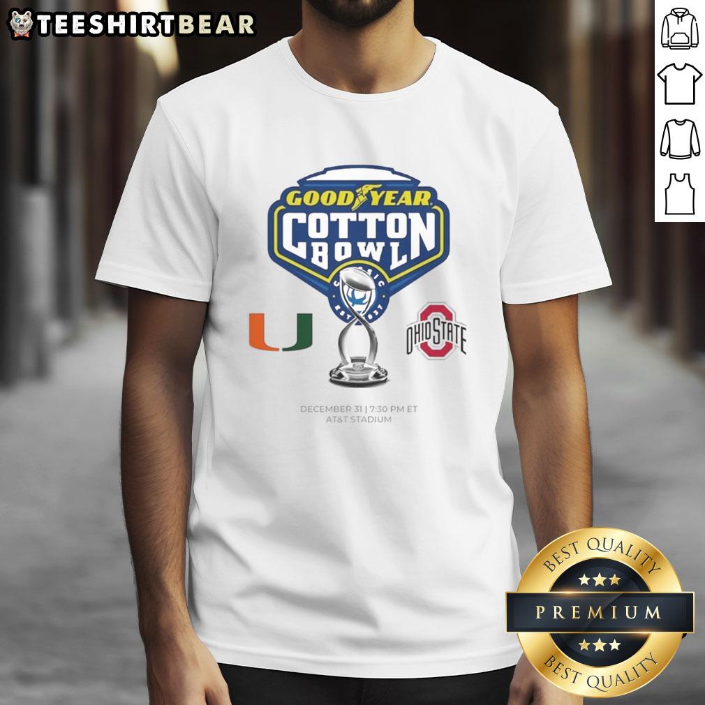 Premium Miami Hurricanes vs Ohio State Buckeyes 2025 Goodyear Cotton Bowl logo T-shirt featuring vibrant team graphics.
