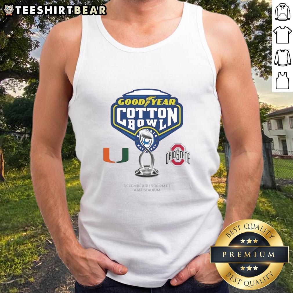 Premium Miami Hurricanes vs Ohio State Buckeyes 2025 Goodyear Cotton Bowl logo tank top for fans.