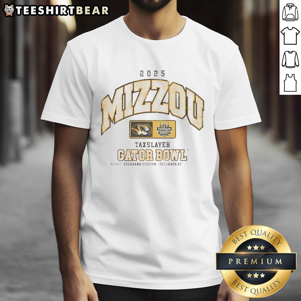 Premium Missouri Tigers 2025 Taxslayer Gator Bowl T-Shirt featuring bold team graphics and vibrant colors.