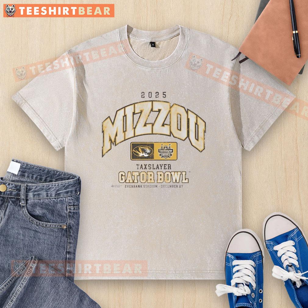 Alt Text: Premium Missouri Tigers 2025 TaxSlayer Gator Bowl washed t-shirt showcasing team pride and comfort.