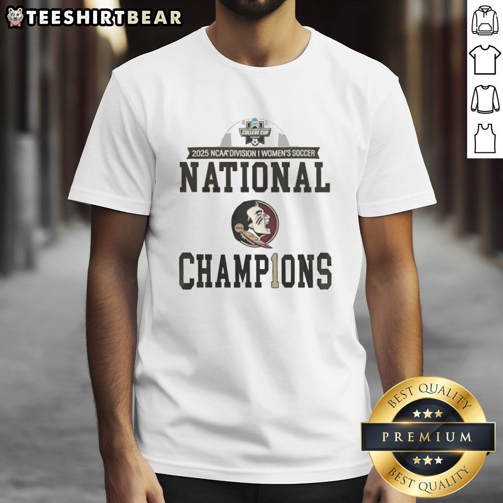 Premium NCAA Women's Soccer National Champions Florida State Seminoles 2-sided T-shirt in locker room setting.