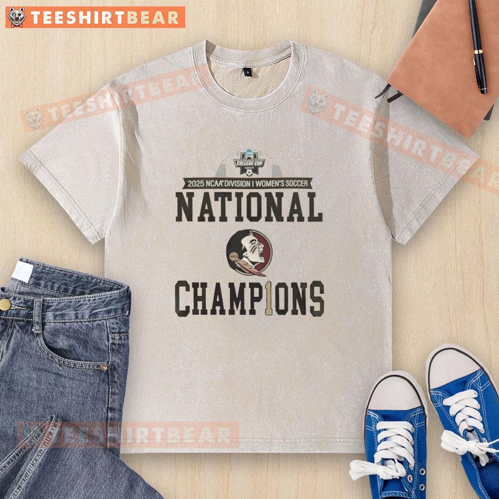 Premium NCAA Women's Soccer National Champions Florida State Seminoles 2-Sided Washed T-Shirt in locker room setting.