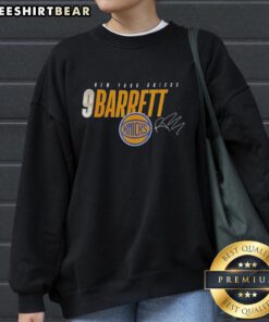Alt Text: Premium New York Knicks 9 RJ Barrett signature sweatshirt featuring team colors and logo, perfect for fans.