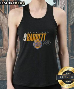 Premium New York Knicks 9 RJ Barrett signature tank top displayed on a mannequin, showcasing team colors and logo.