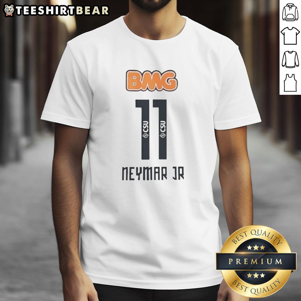 Alt Text: Premium Neymar Jr Santos Bmg T-Shirt featuring vibrant design and soft fabric, perfect for soccer fans.