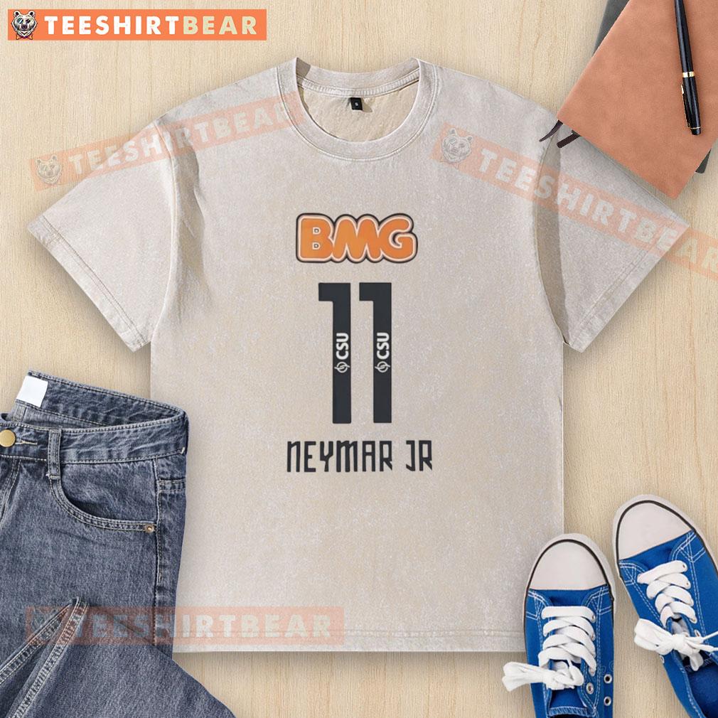Premium Neymar Jr 11 Santos BMG washed t-shirt featuring vibrant graphics and soft fabric, perfect for fans.