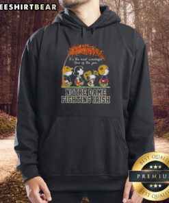 Alt Text: Premium Notre Dame Fighting Irish hoodie featuring Snoopy and friends in autumn for a cozy fall style.