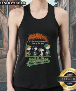 Premium Oakland Athletics X Peanuts Snoopy tank top featuring autumn design, perfect for the most wonderful time of the year.