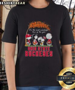 Alt Text: Premium Ohio State Buckeyes X Peanuts Snoopy and Friends autumn ladies tee, perfect for fall festivities.