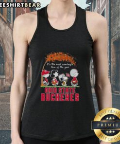 Premium Ohio State Buckeyes X Peanuts Snoopy and Friends autumn tank top celebrating fall festivities and college spirit.