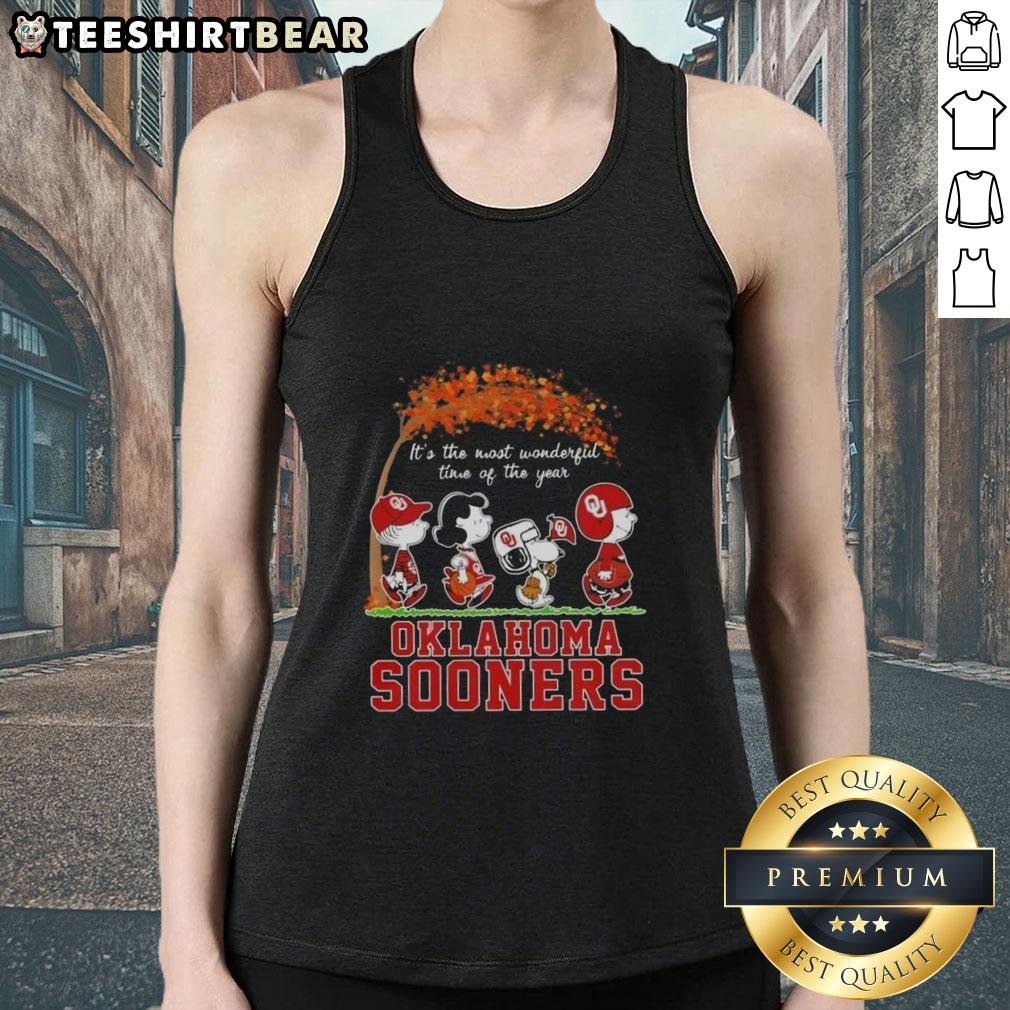 Premium Oklahoma Sooners X Peanuts Snoopy tank top for autumn featuring 'It's the Most Wonderful Time of the Year' design.